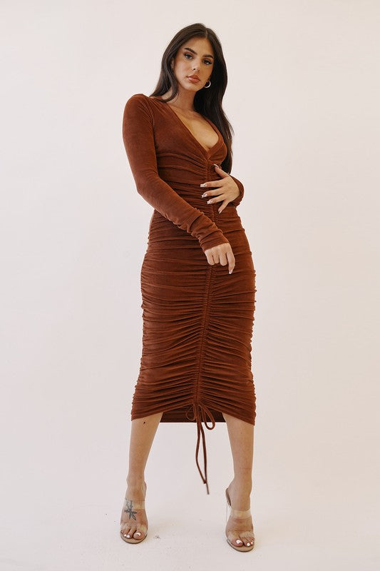 Chocolate Dreams Velour Ruched Midi Dress